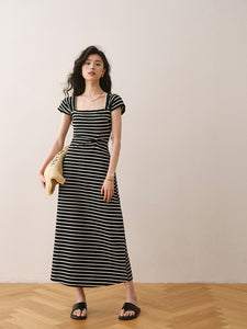 Square Neck Side Bowknot Stripe Long Dress