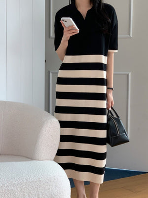 2 Tone Collar Neck Stripe Oversize Knitted Dress