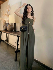 Pleated Upper Shirred Back Side Pocket Cami Jumpsuit