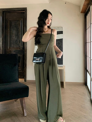 Pleated Upper Shirred Back Side Pocket Cami Jumpsuit