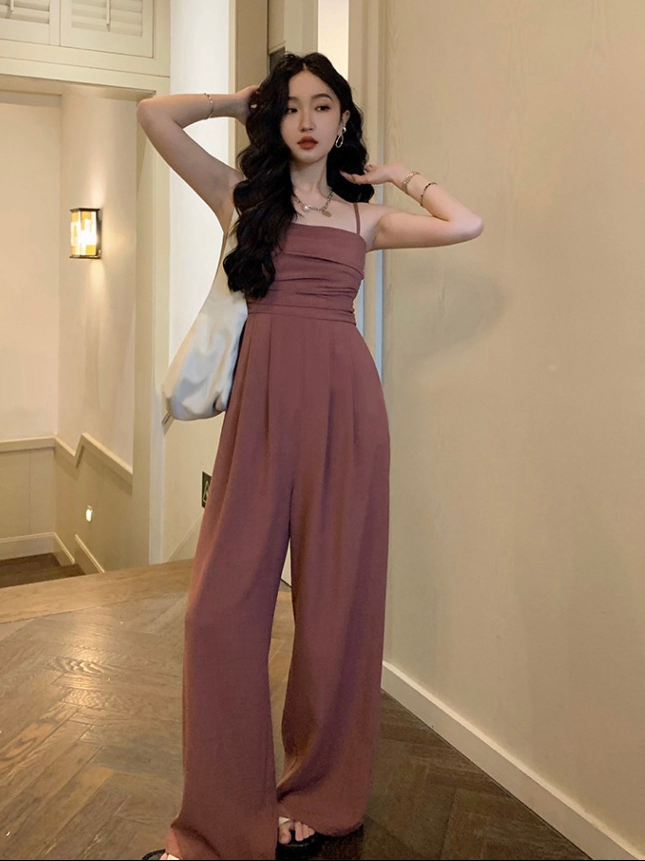 Pleated Upper Shirred Back Side Pocket Cami Jumpsuit