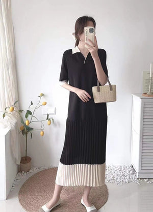 Two Tone Polo Neck Pleated Oversize Knitted Dress