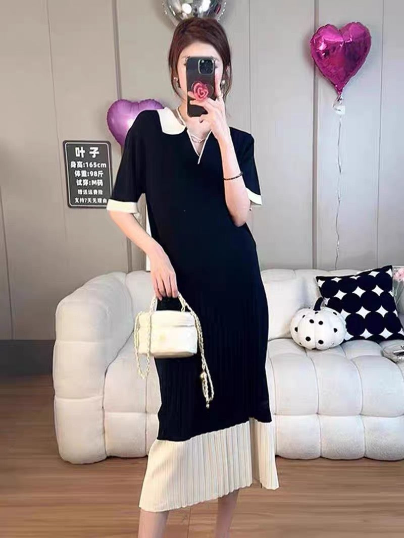 Two Tone Polo Neck Pleated Oversize Knitted Dress