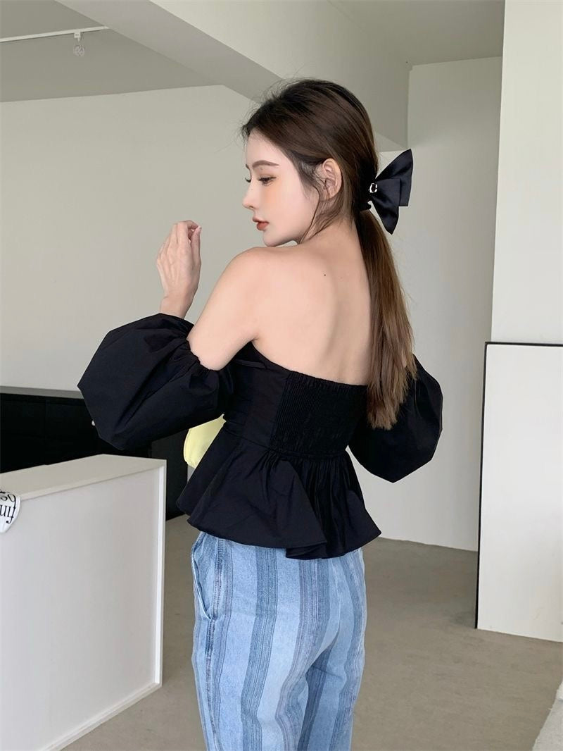 Korean Style Off Shoulder One Shoulder Puff Sleeves Shirred Back Tube Top
