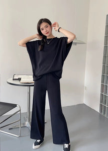 Batwing Sleeve Top & Garter Loose Wide Leg Pants Oversize Knitted Terno Set Coords