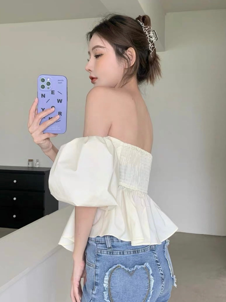 Korean Style Off Shoulder One Shoulder Puff Sleeves Shirred Back Tube Top