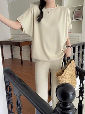 Batwing Sleeve Top & Garter Loose Wide Leg Pants Oversize Knitted Terno Set Coords