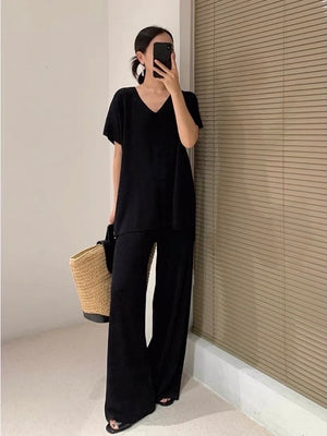 V-neck Side Slit High Low Hem Top & Garter Pants Oversize Knitted Terno Set