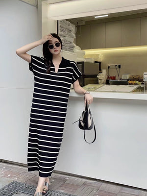 Collar Neck Stripe Short Sleeve Oversize Knitted Dress