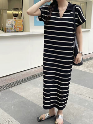 Collar Neck Stripe Short Sleeve Oversize Knitted Dress