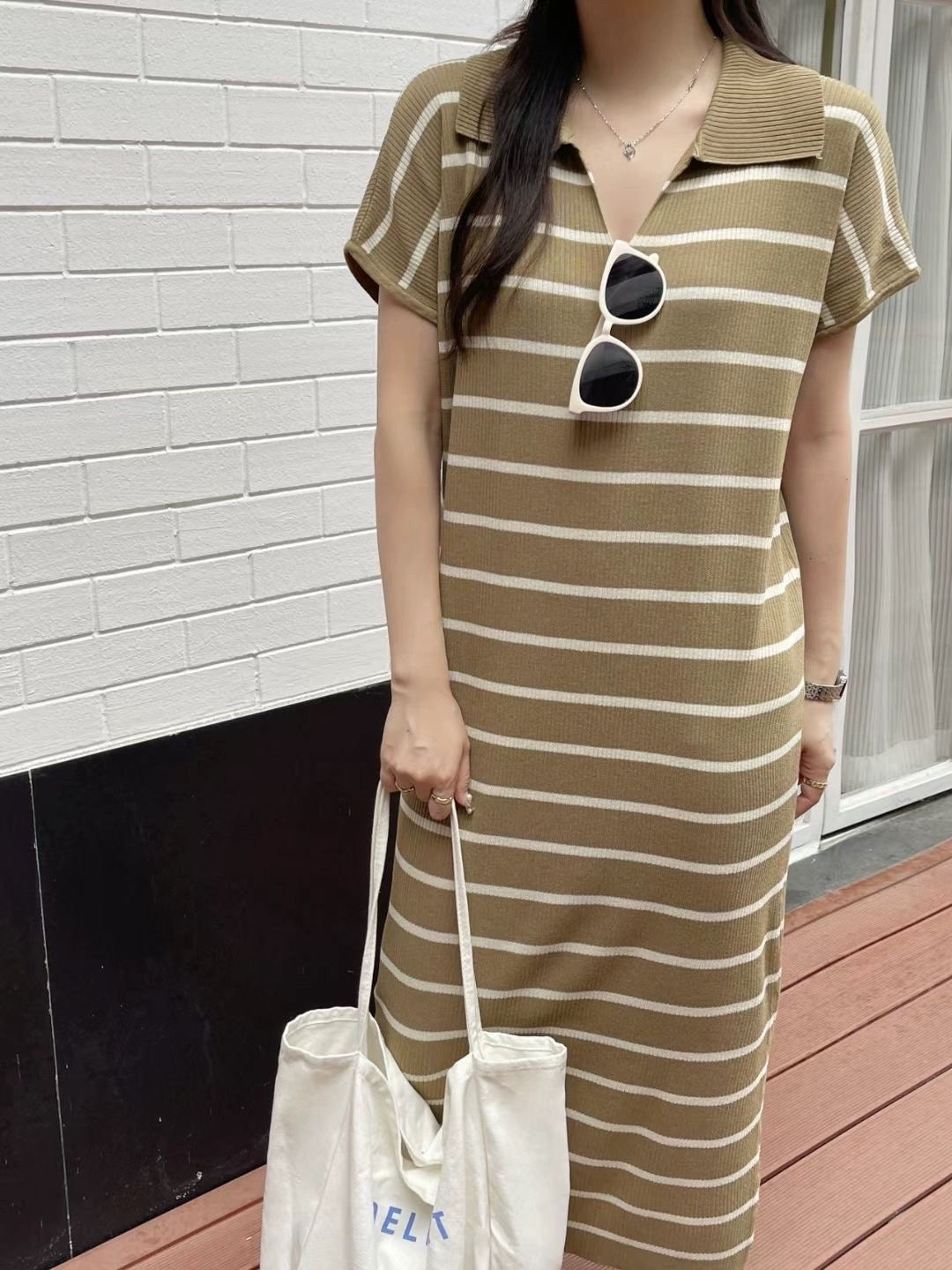 Collar Neck Stripe Short Sleeve Oversize Knitted Dress