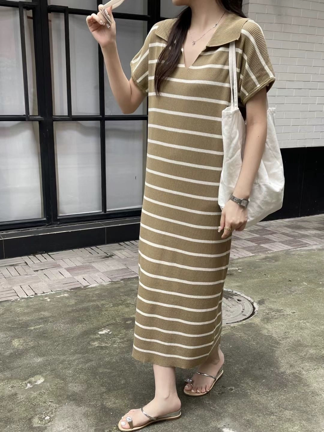 Collar Neck Stripe Short Sleeve Oversize Knitted Dress