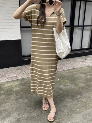 Collar Neck Stripe Short Sleeve Oversize Knitted Dress