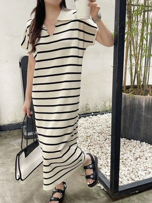 Collar Neck Stripe Short Sleeve Oversize Knitted Dress