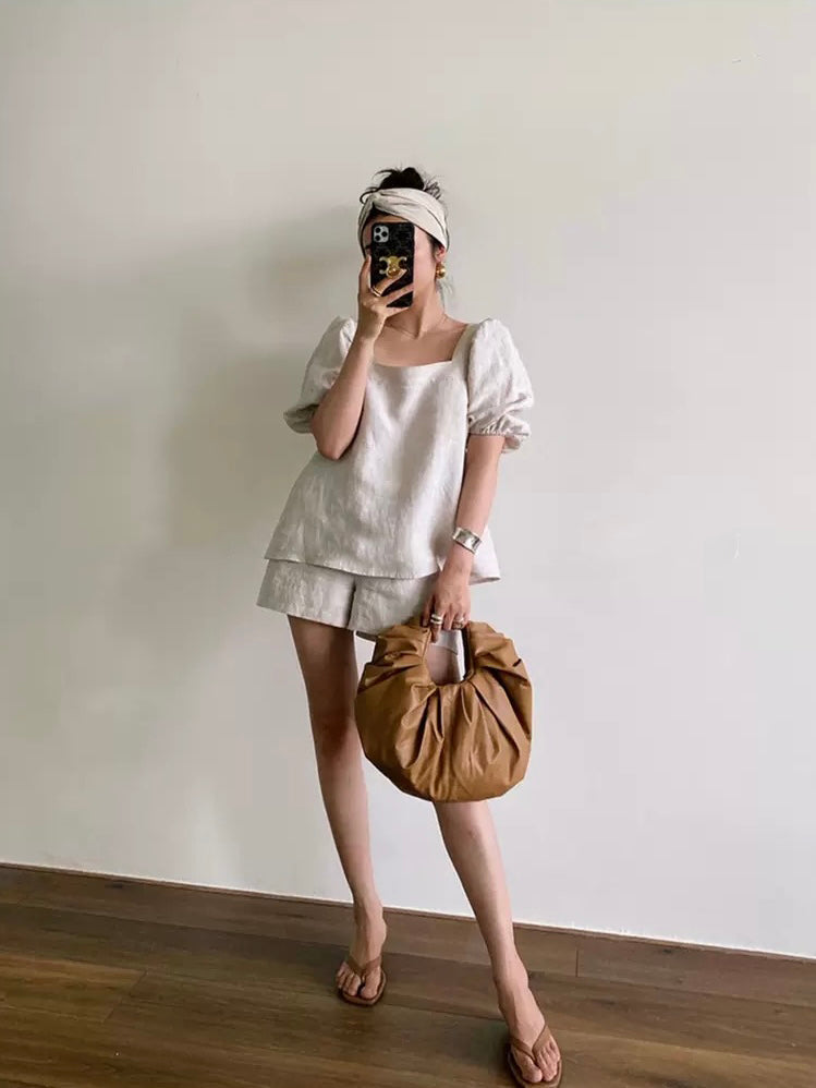 Square Neck Elastic Sleeve Top & Shorts Terno Set Coords