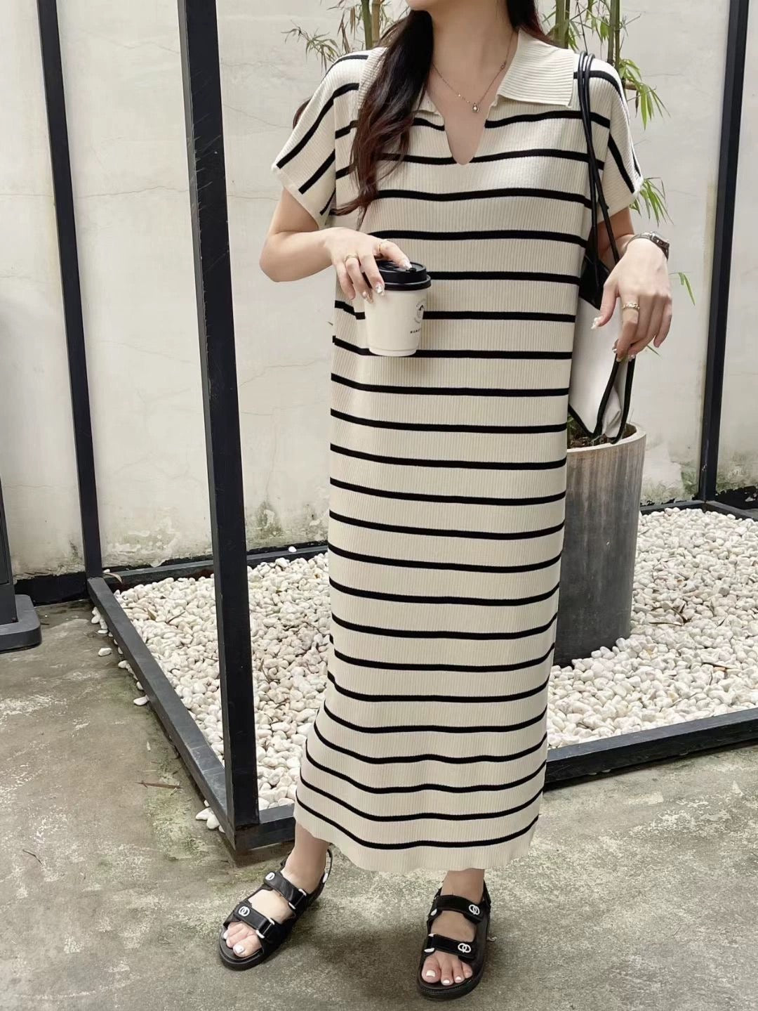 Collar Neck Stripe Short Sleeve Oversize Knitted Dress