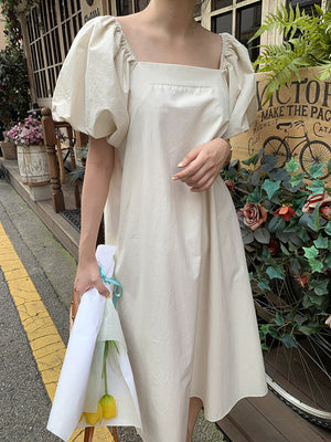 Square Neck Puff Sleeve Solid Loose Dress