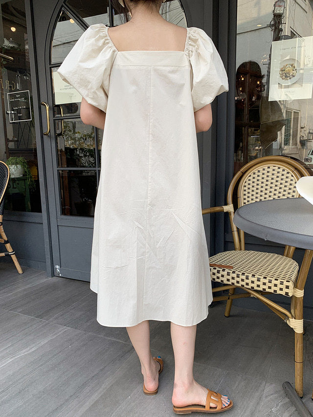 Square Neck Puff Sleeve Solid Loose Dress