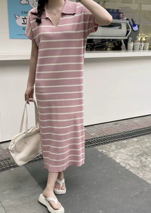 Collar Neck Stripe Short Sleeve Oversize Knitted Dress