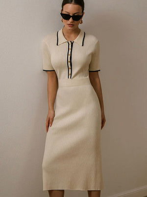 Working Buttons Front Collar Neck Color Contrasted Trim Knitted Dress