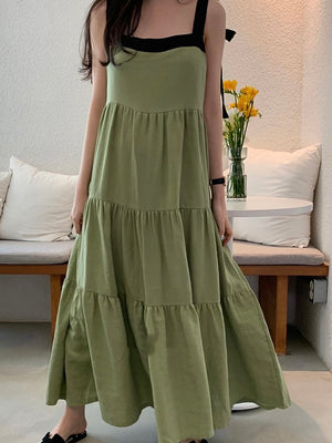 Adjustable Bowknot Shoulder Flounce Solid Cami Dress