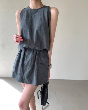 Elastic Hem Single Button Back Top & Garter Side Pocket Skirt Shorts Terno Set Coords