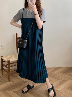 False 2 in 1 Pleated Fold-up Sleeve Loose Dress