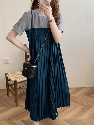 False 2 in 1 Pleated Fold-up Sleeve Loose Dress