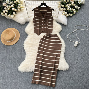 Knitted Stripe Button Down Vest Top & Skirt 2 in 1 Coords Terno Set