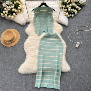 Knitted Stripe Button Down Vest Top & Skirt 2 in 1 Coords Terno Set