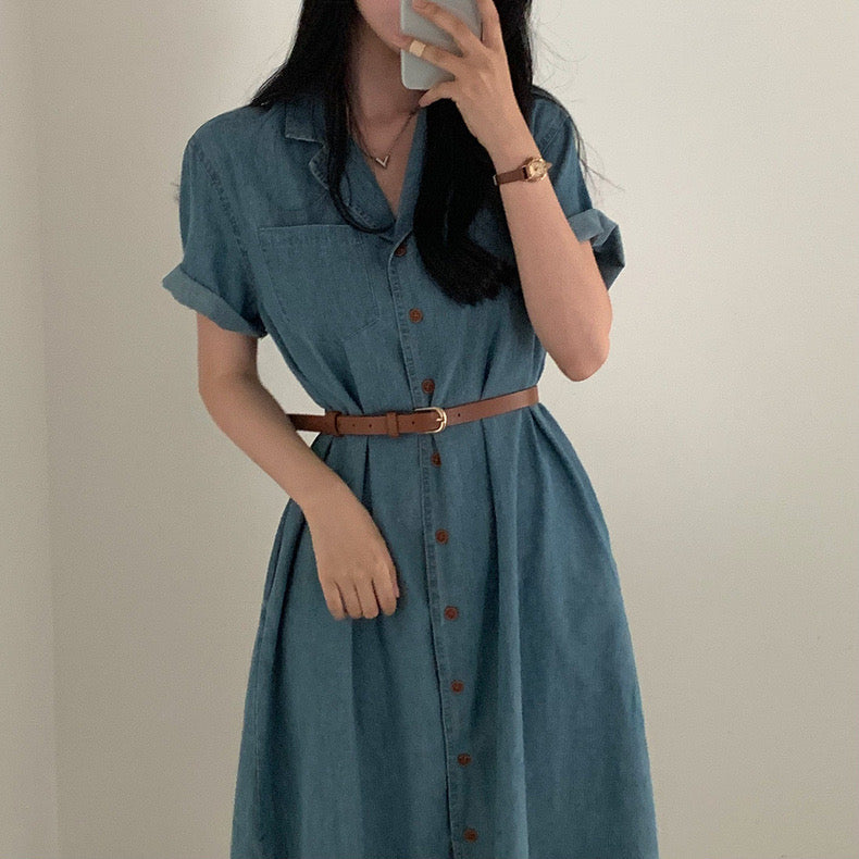 Button Down Side Pocket Slit Hem Polo Shirt Dress