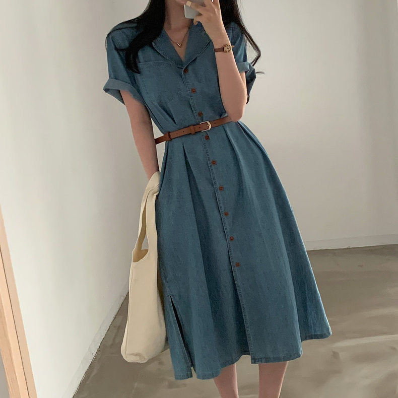 Button Down Side Pocket Slit Hem Polo Shirt Dress