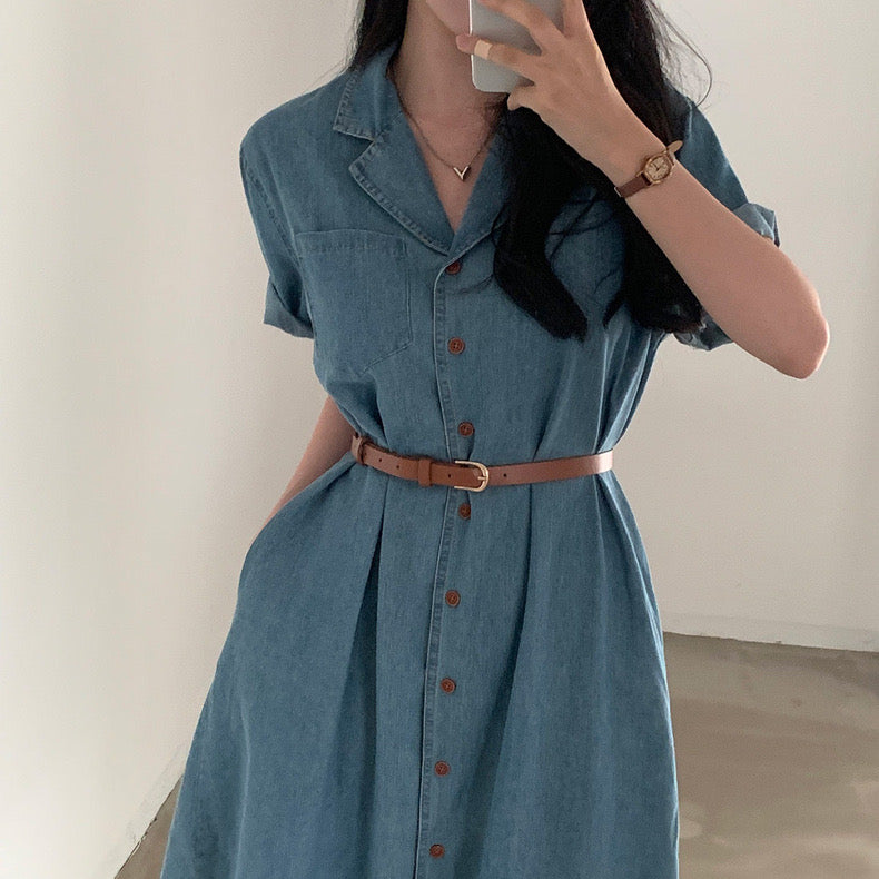 Button Down Side Pocket Slit Hem Polo Shirt Dress