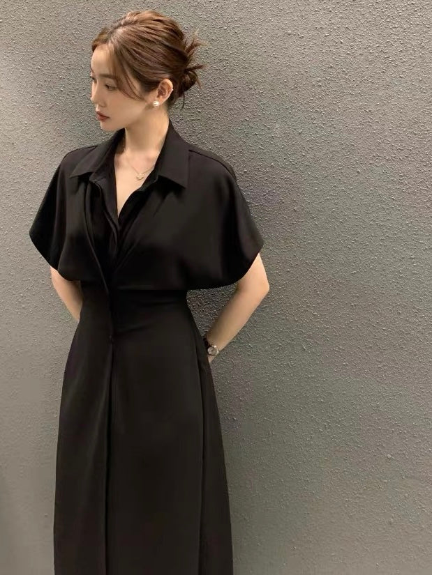 Korean Style Double Button Down Batwing Sleeve Self Belt Polo Shirt Dress