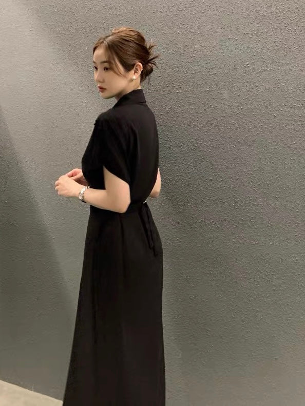 Korean Style Double Button Down Batwing Sleeve Self Belt Polo Shirt Dress