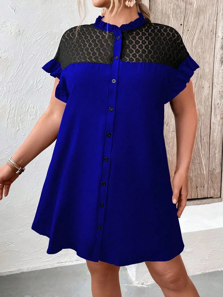 Mesh Upper Button Down Ruffle Sleeve Plus Size Dress