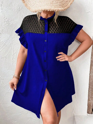 Mesh Upper Button Down Ruffle Sleeve Plus Size Dress