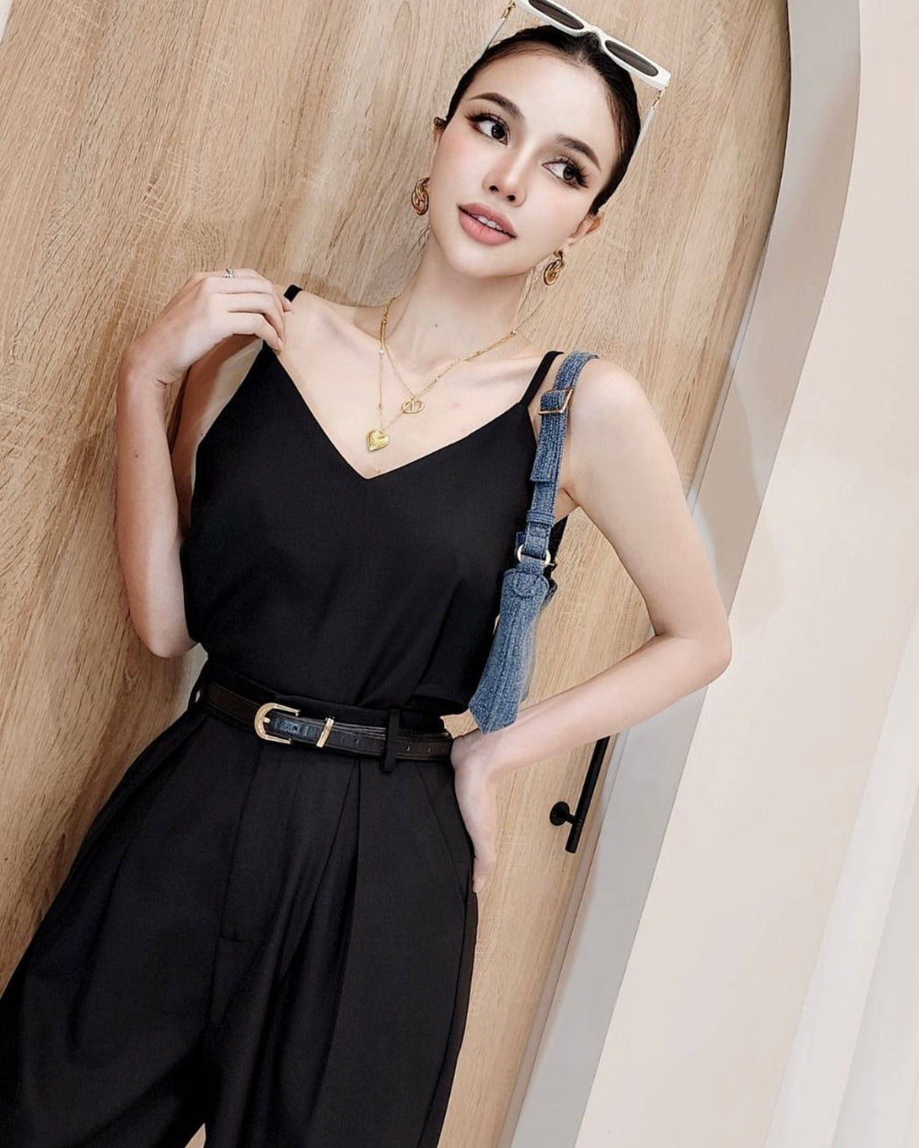 Fold-over V-neck Cami Top & Side Pocket Back Garter Pants Terno Set Coords No Belt