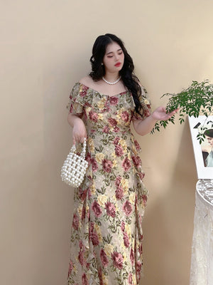 Premium Collection 2-layer Chiffon Floral Frill Ruffle Off Shoulder Plus Size Dress