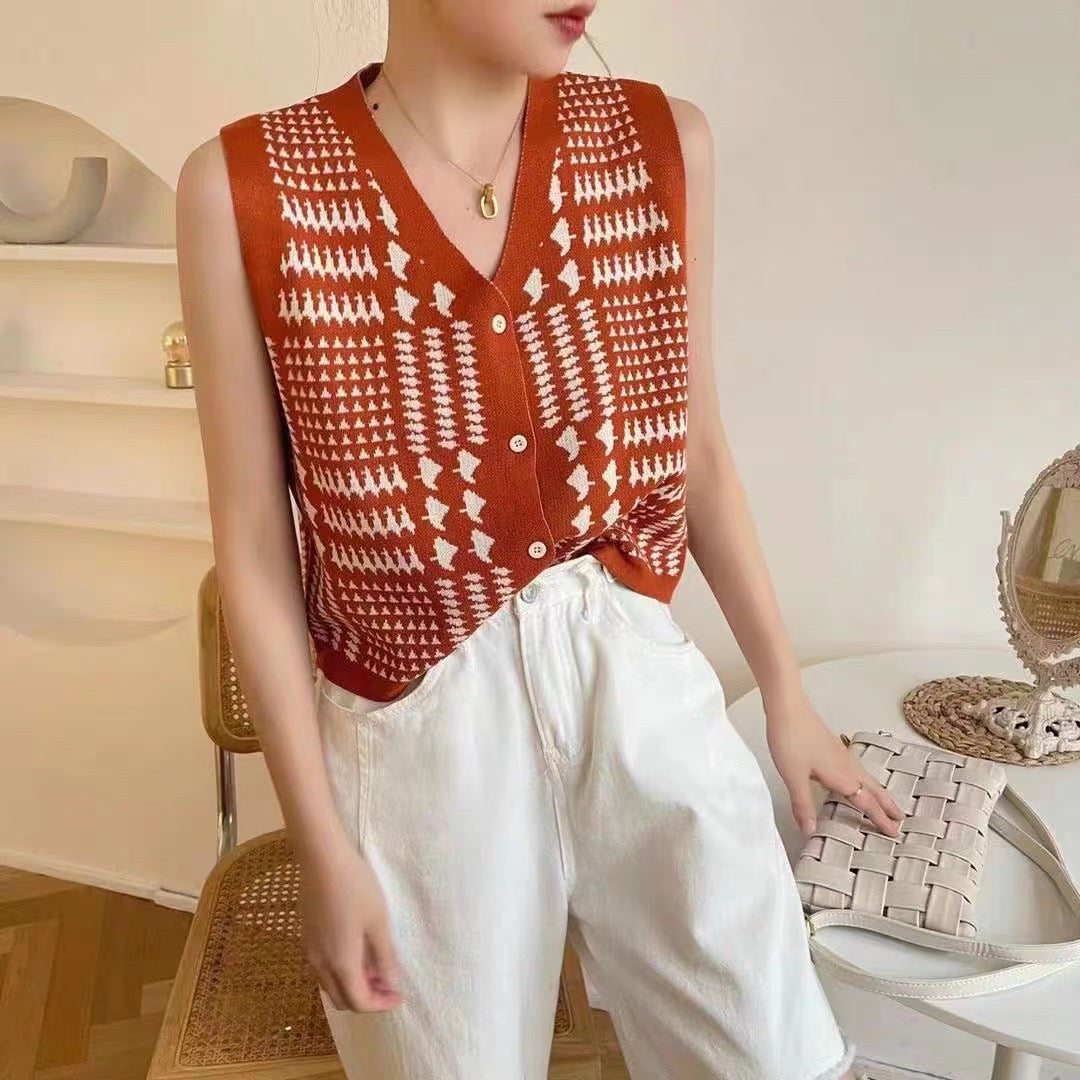 V-neck Button Down Graphic Pattern Oversize Knitted Top