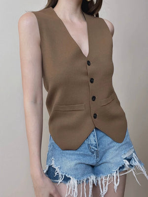 Button Down V-neck Fa*ke Side Pocket Knitted Vest Top