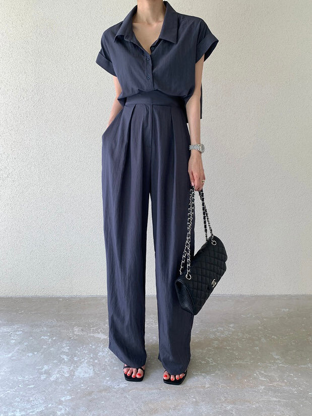 Fold-up Batwing Sleeve Button Down Collar Neck Top & Side Pocket Garter Wide Leg Pants Terno Set Coords