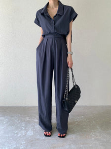 Fold-up Batwing Sleeve Button Down Collar Neck Top & Side Pocket Garter Wide Leg Pants Terno Set Coords