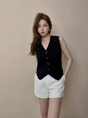 Button Down V-neck Fa*ke Side Pocket Knitted Vest Top