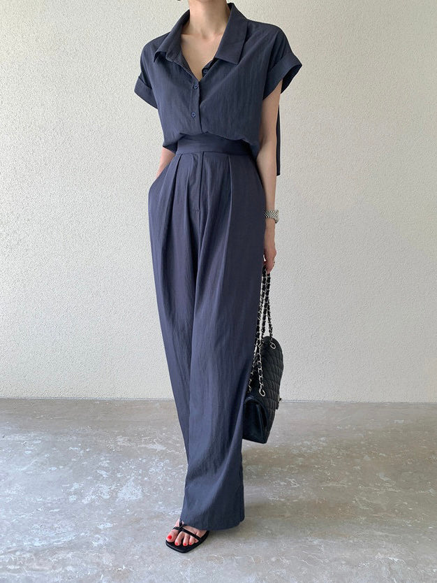 Fold-up Batwing Sleeve Button Down Collar Neck Top & Side Pocket Garter Wide Leg Pants Terno Set Coords