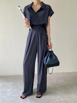 Fold-up Batwing Sleeve Button Down Collar Neck Top & Side Pocket Garter Wide Leg Pants Terno Set Coords