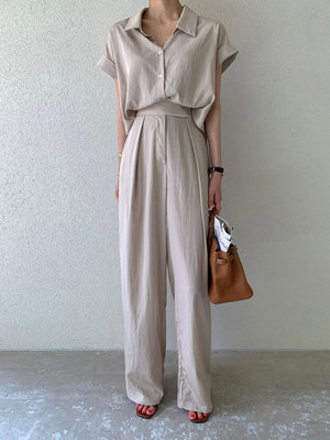 Fold-up Batwing Sleeve Button Down Collar Neck Top & Side Pocket Garter Wide Leg Pants Terno Set Coords