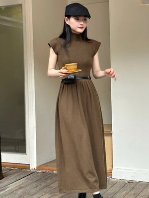 Turtle Neck Shirred Ribbed Waist A-line Knitted Dress