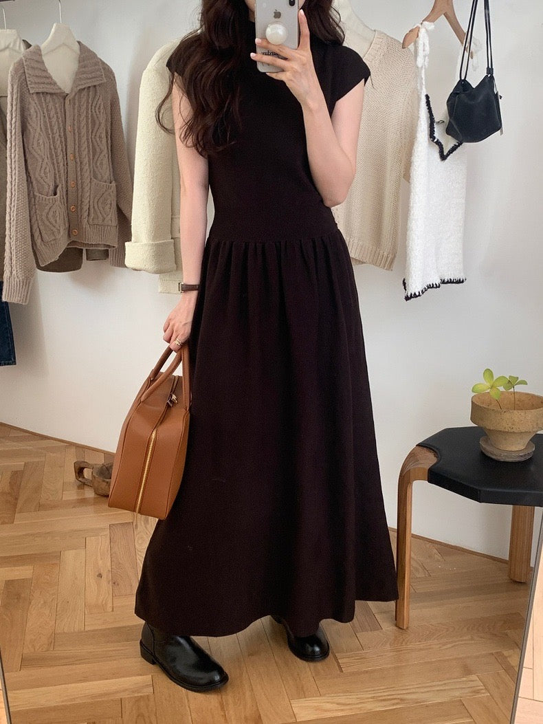 Turtle Neck Shirred Ribbed Waist A-line Knitted Dress