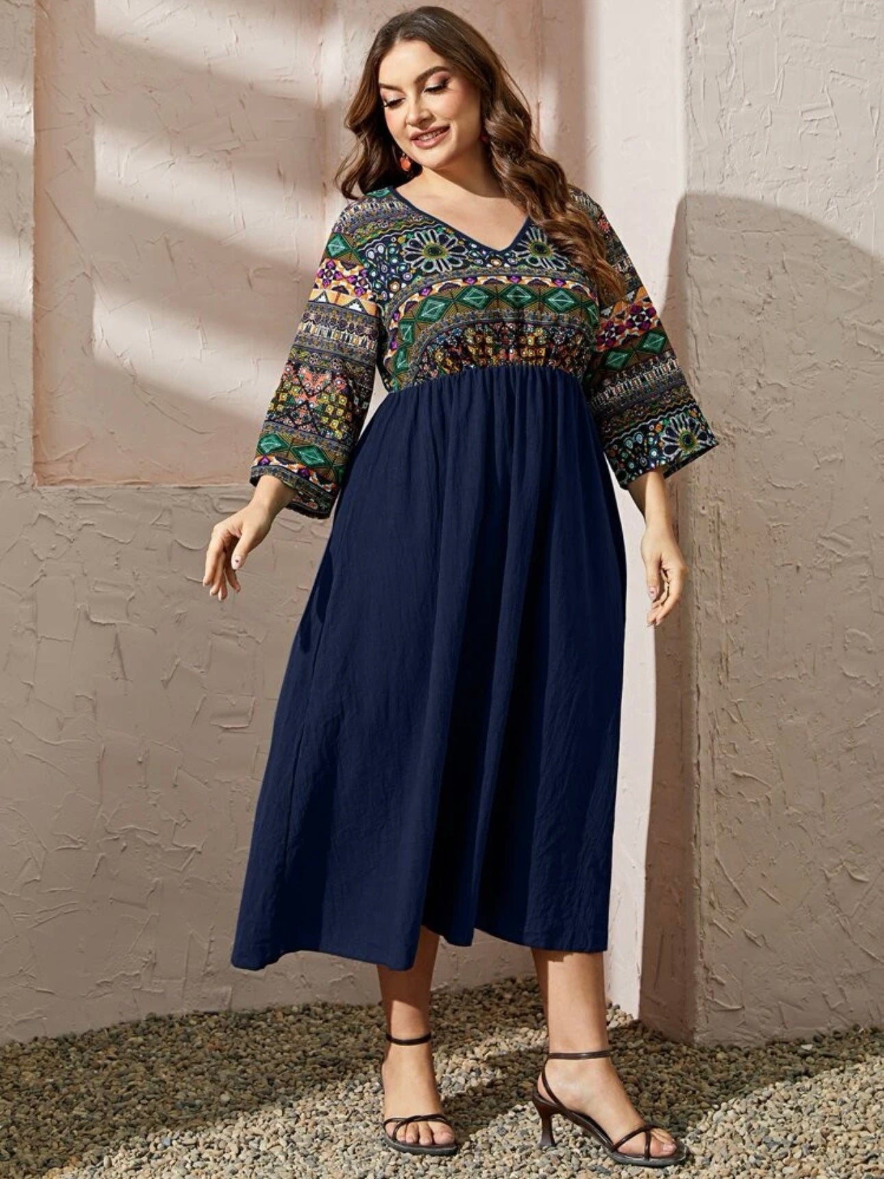 Long Sleeve V-neck Printed & Solid Combo Plus Size Dress